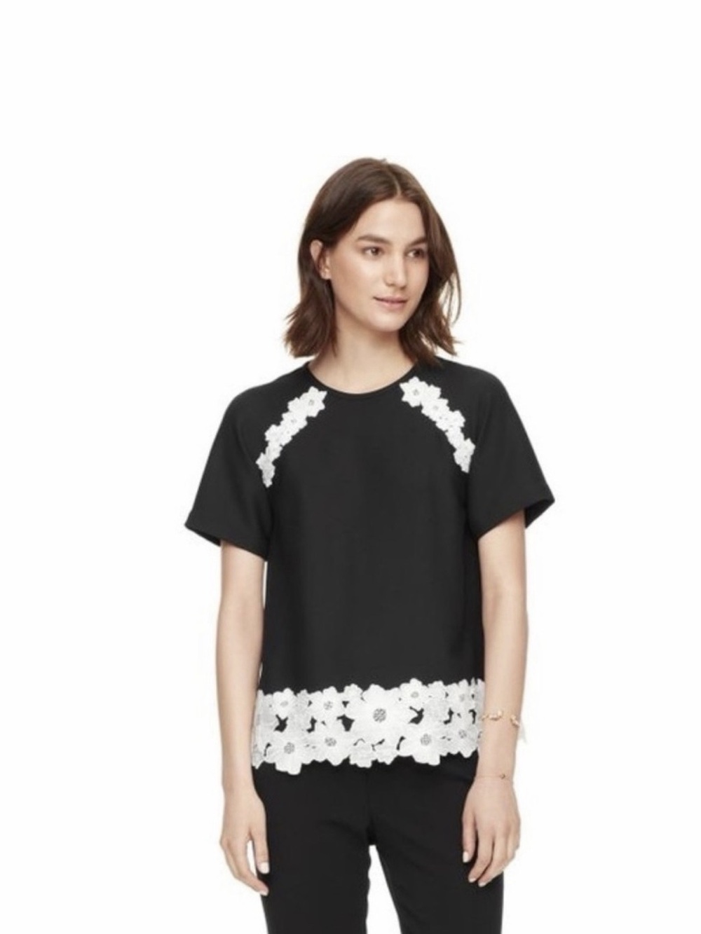 kate spade New York Black and White Floral Applique Top